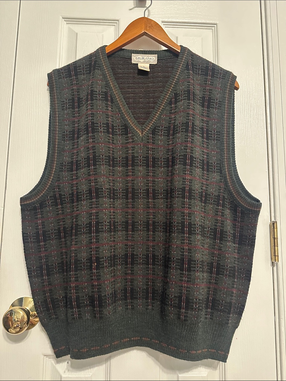 Murano Men's Dark Green Plaid V-Neck Sweater Vest with Subtle Burgundy Accents